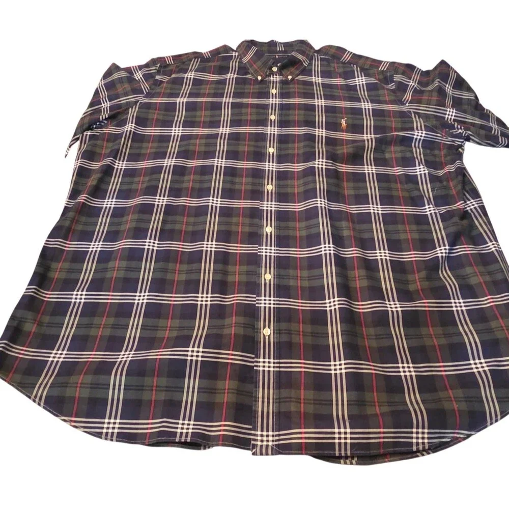 Ralph Lauren Navy/White Shirt 4XLT Long Sleeve Plaid Mens NOT FLANNEL